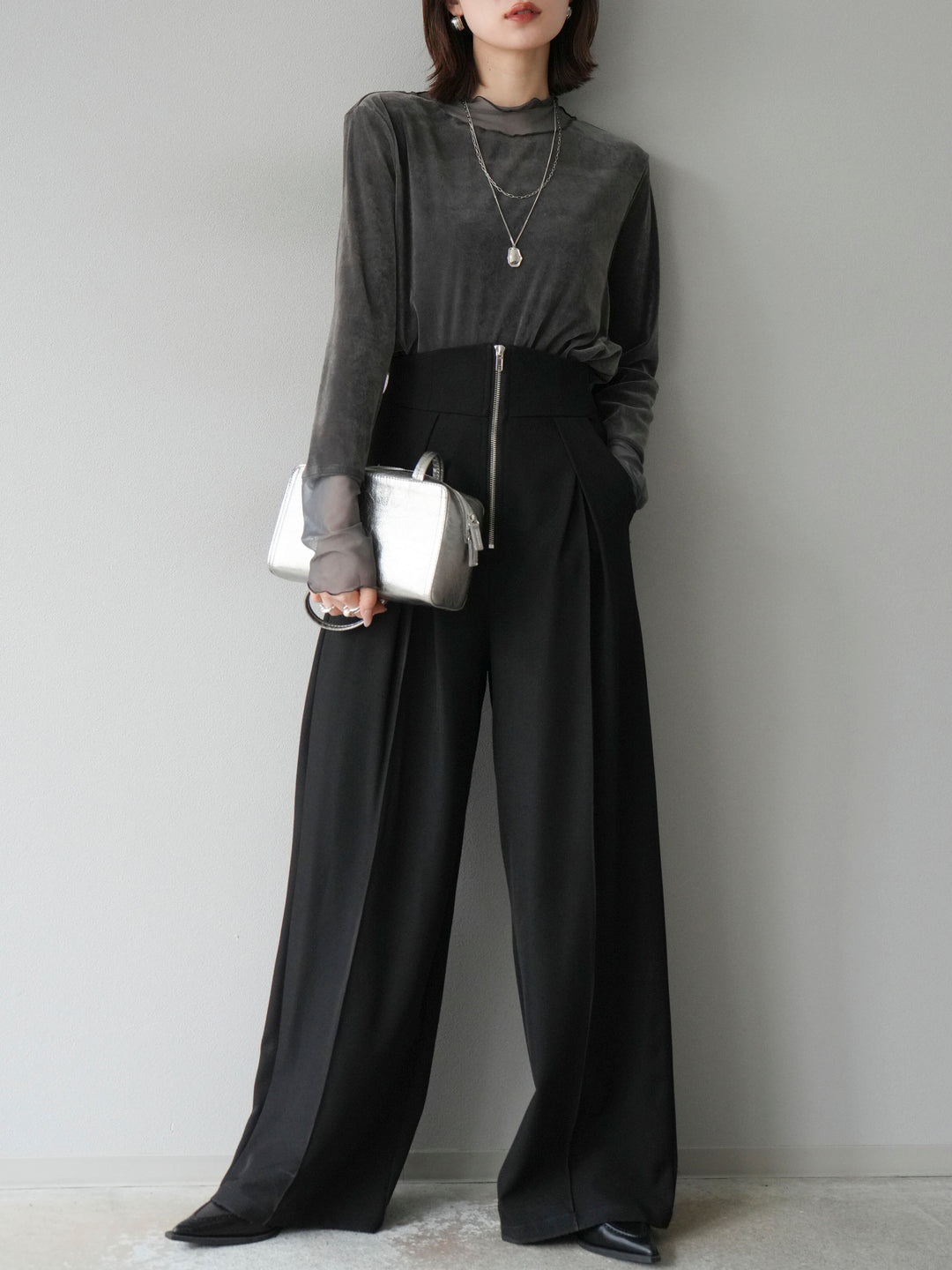 [予約]シアー切替ベロアトップス/チャコール