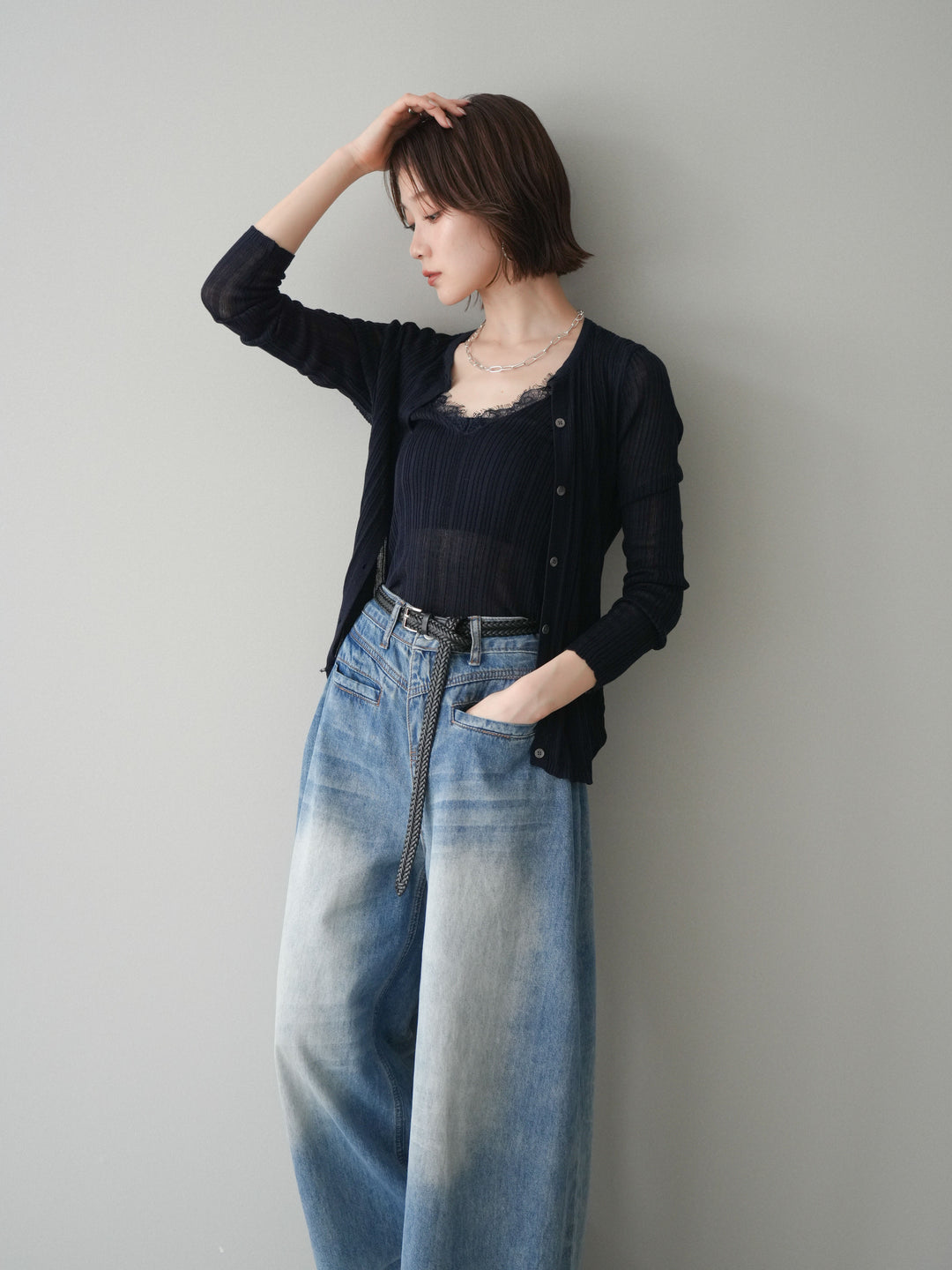 [予約]インナーレースキャミソール＆カーディガンアンサンブル/navy