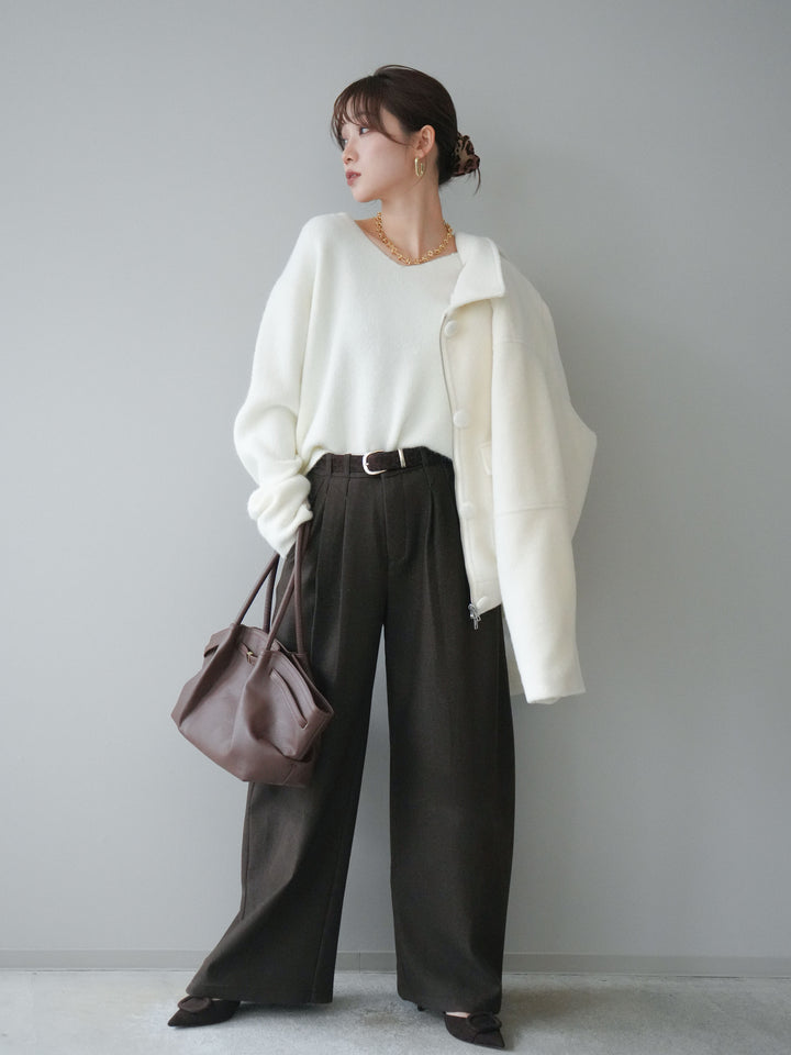 [SET]ウールライクフライトジャケット+シュシュ付きアンゴラタッチVネックニットプルオーバー+アニマル柄ベルト付きウールタッチワイドパンツ(3set)