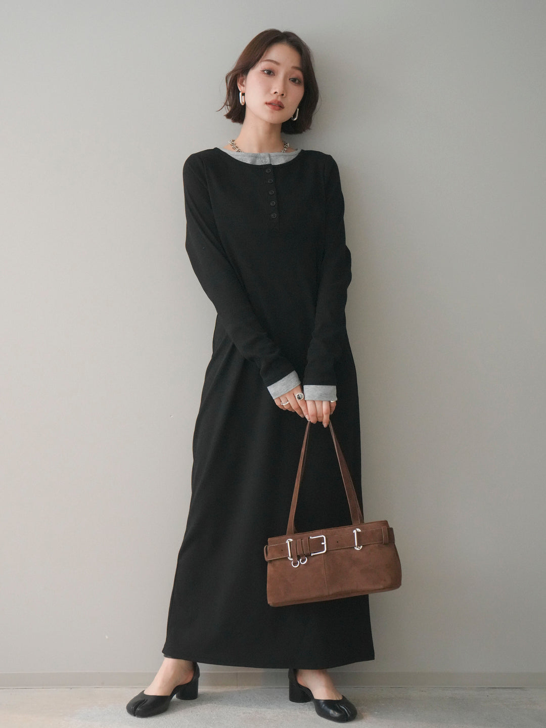 [予約]配色レイヤードヘンリーネックカットリブワンピース/black