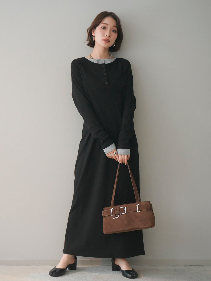 [予約]配色レイヤードヘンリーネックカットリブワンピース/black