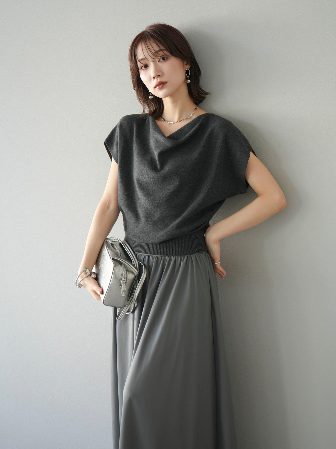 [予約]ドレープドルマンフレンチスリーブニットトップス/グレー