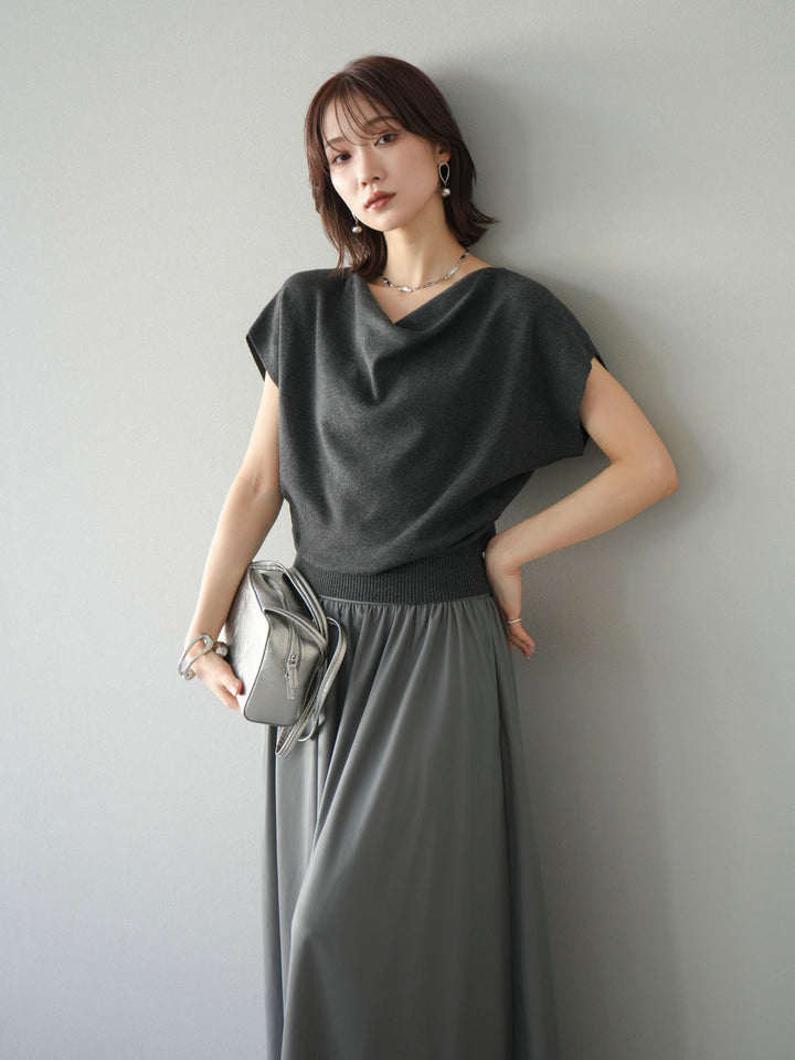 [予約]ドレープドルマンフレンチスリーブニットトップス/グレー