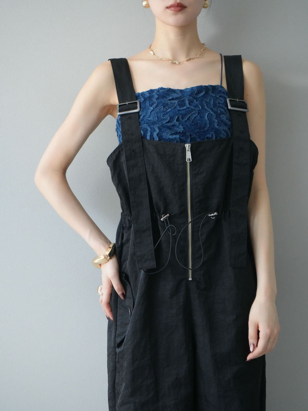 [予約]ナイロンタックデザインサロペット/ブラック