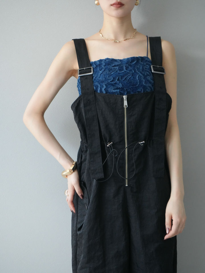 [予約]ナイロンタックデザインサロペット/ブラック