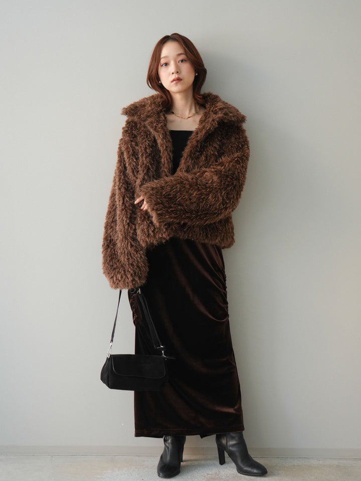 [SET]フェイクファー襟付きショートブルゾン+ギャザーベロアスカート(2set)