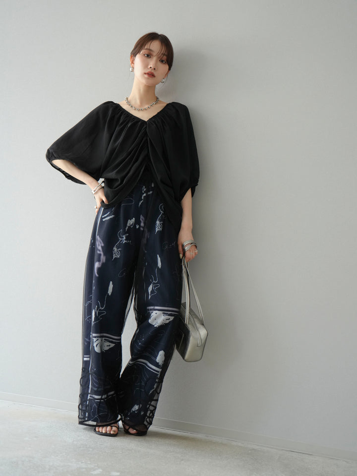 [SET]コード刺繍チュールレイヤードパンツ+ペイント柄タックパンツ(2set)
