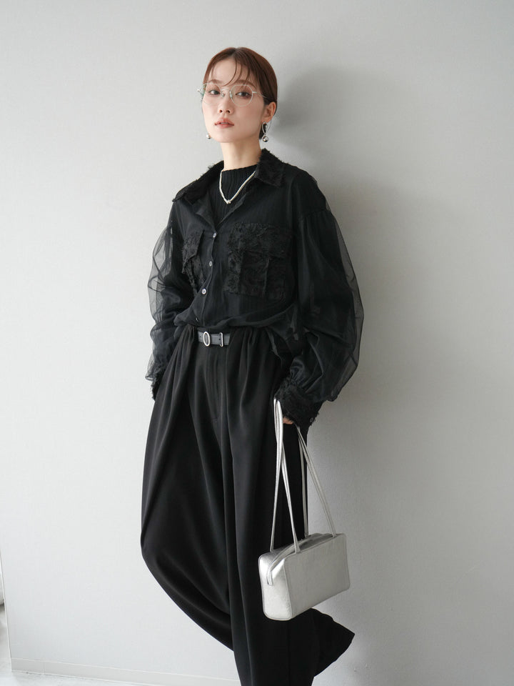 [SET]フリンジジャガード×チュールレイヤードシャツ+アームシャギーランダムリブニットトップス+ベルト付タックワイドパンツ(3set)