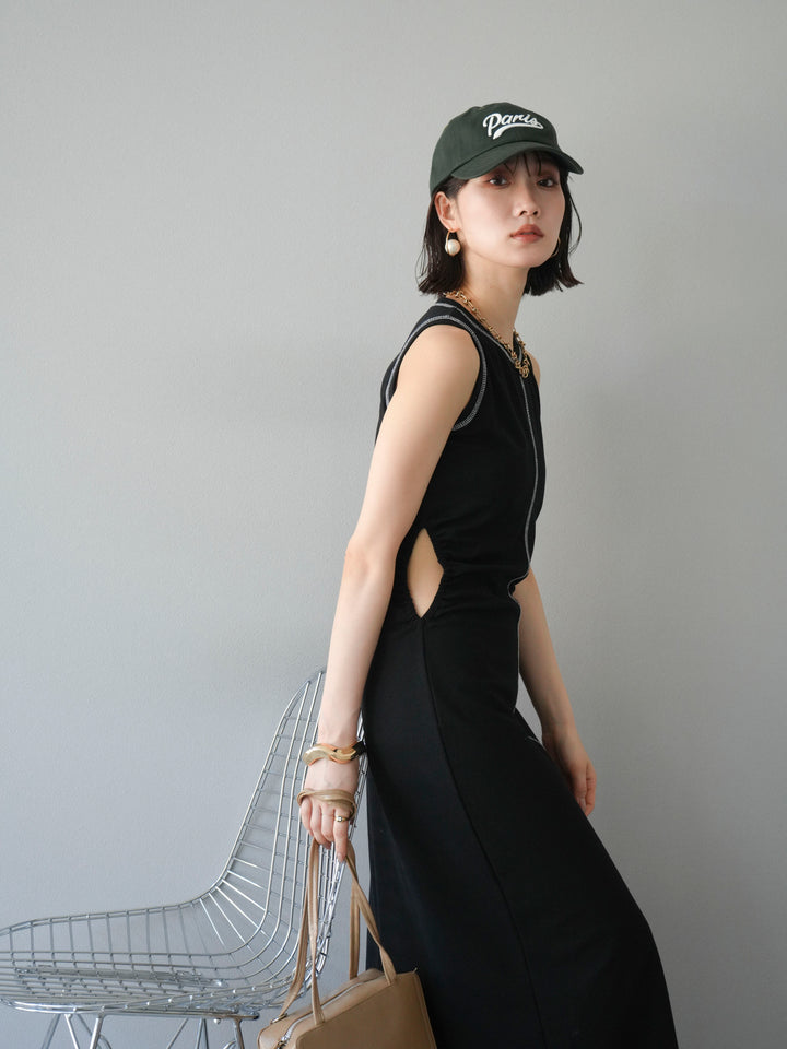 [予約]ウエストオープンステッチカットワンピース/ブラック