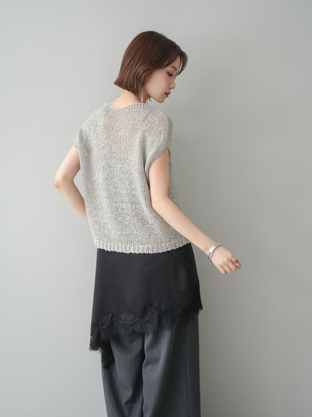 [予約]テープヤーンノースリーブニットトップス/gray