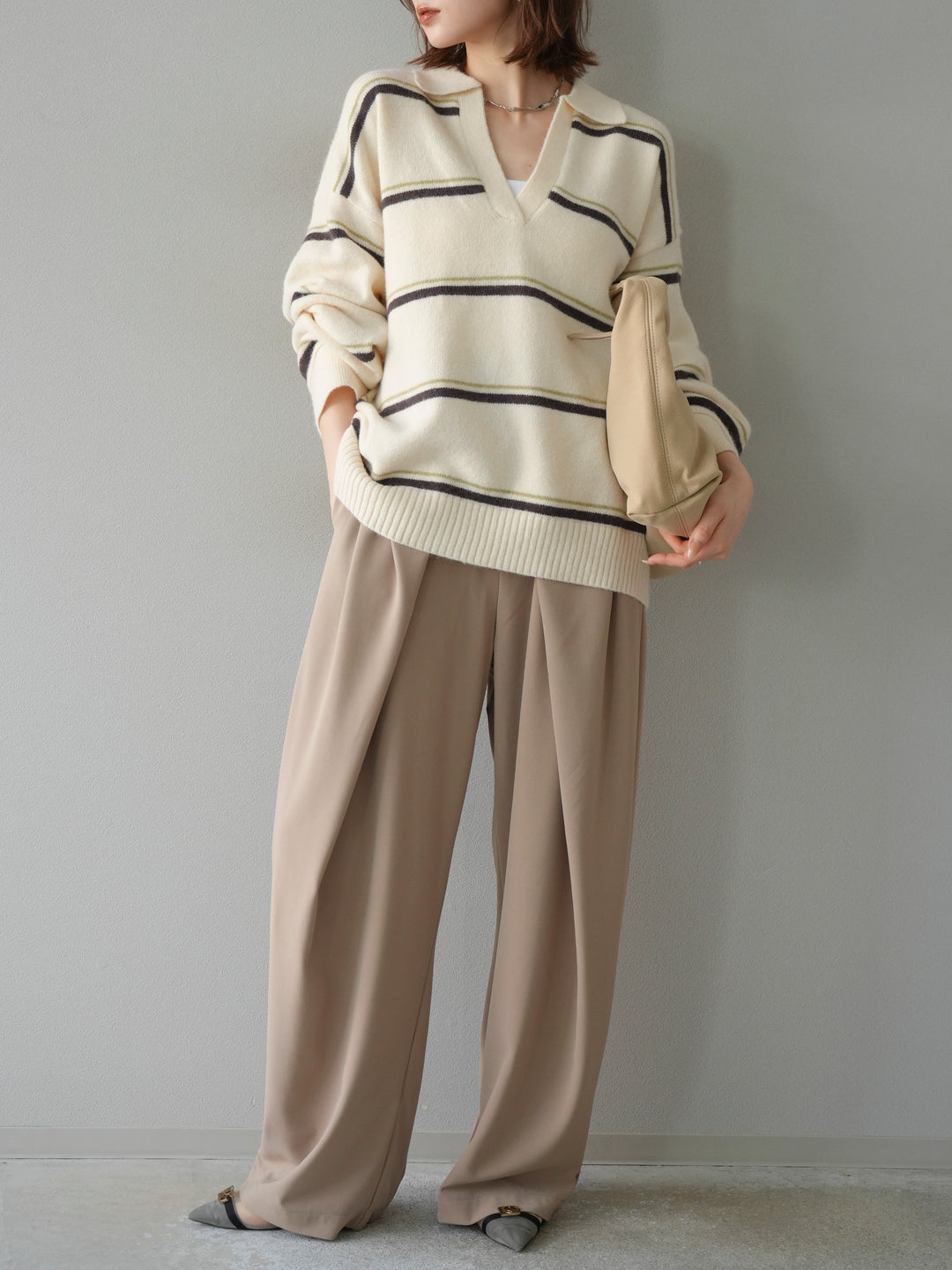 [予約]ポロ襟スキッパーボーダーニットプルオーバー/アイボリー