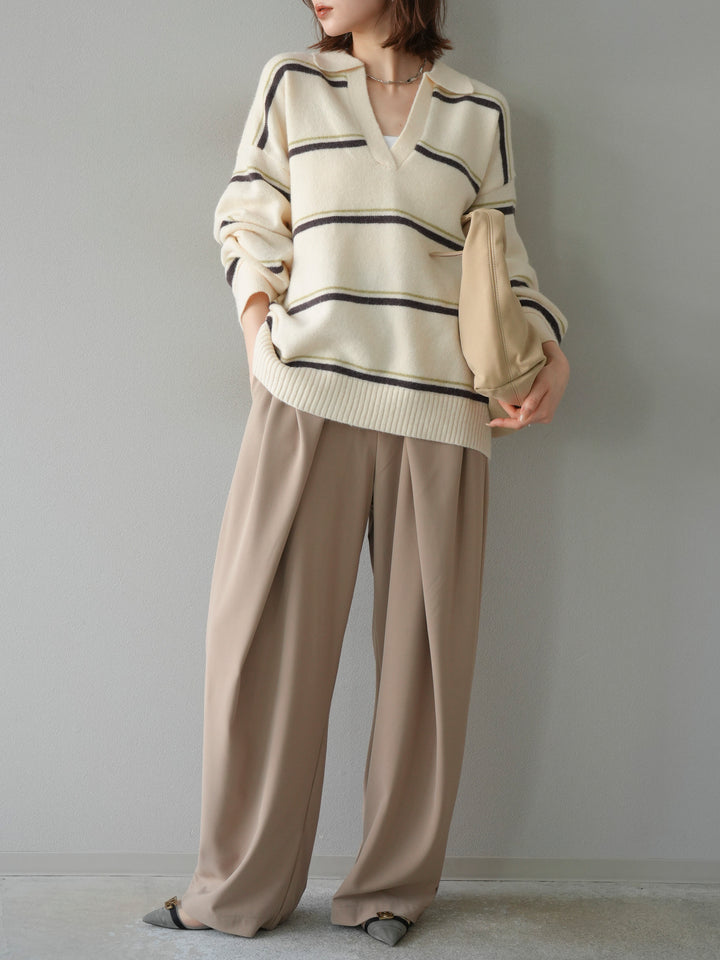 [予約]ポロ襟スキッパーボーダーニットプルオーバー/アイボリー