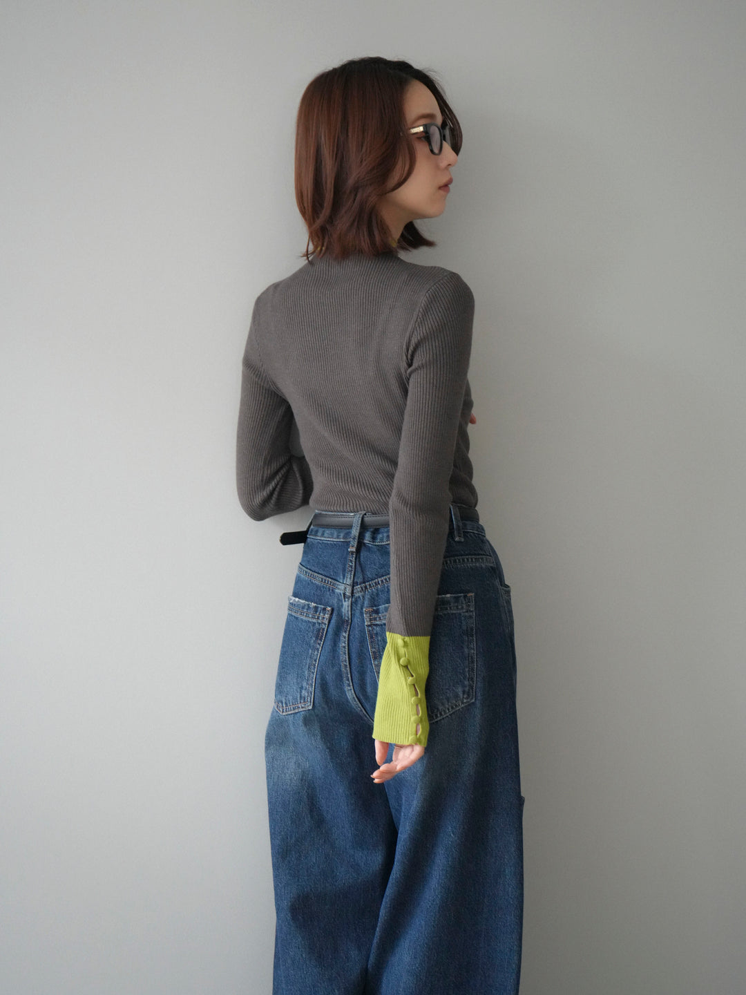 [SET]袖ボタンハイネック配色リブニットトップス+袖ボタンハイネック配色リブニットトップス(2set)