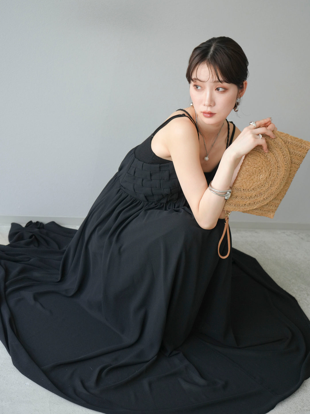 [SET]編み込みデザインシフォンワンピース+カップ付テレコリブベアキャミソール(2set)