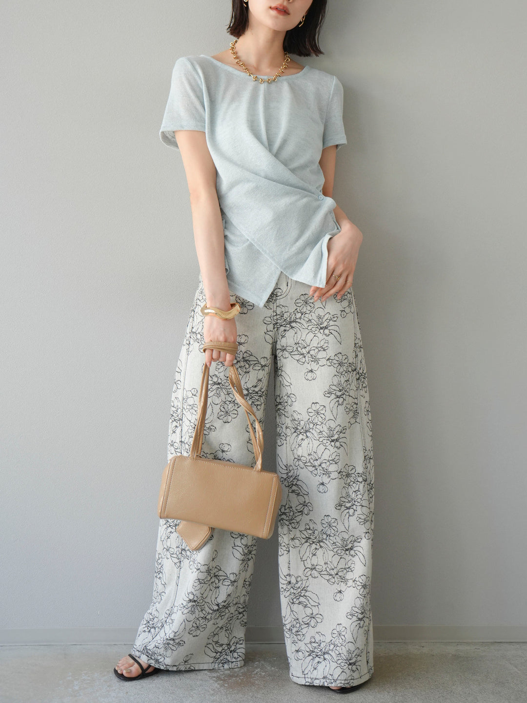 【預購】花朵提花牛仔寬褲/黑