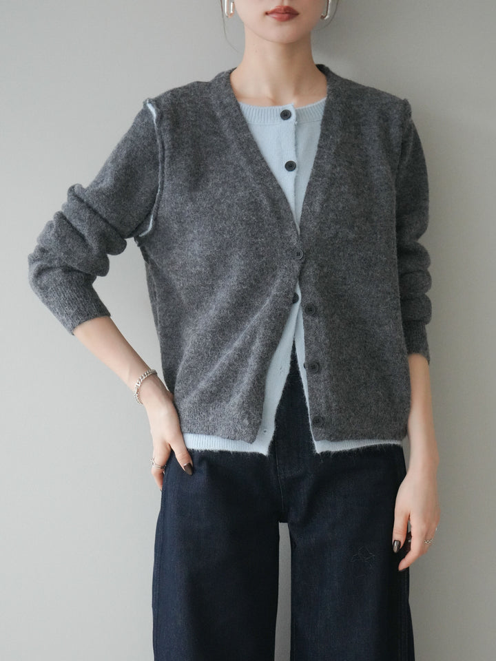 [予約]配色レイヤードニットカーディガン/gray