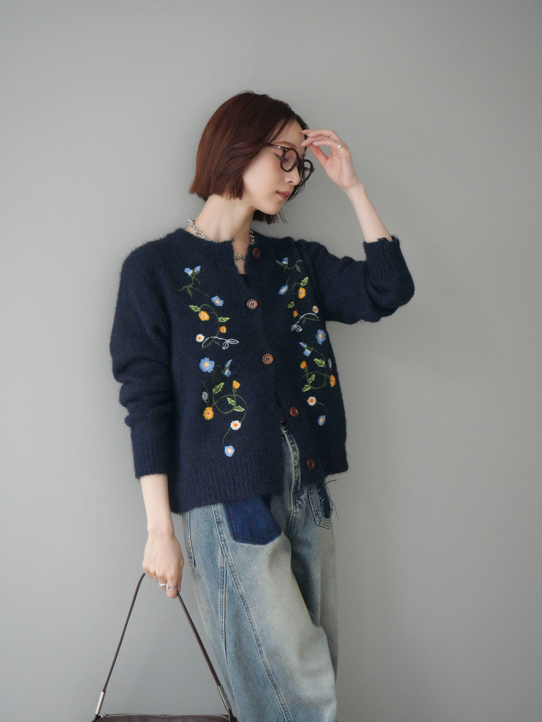 [予約]フラワー刺繍ニットカーディガン/blue