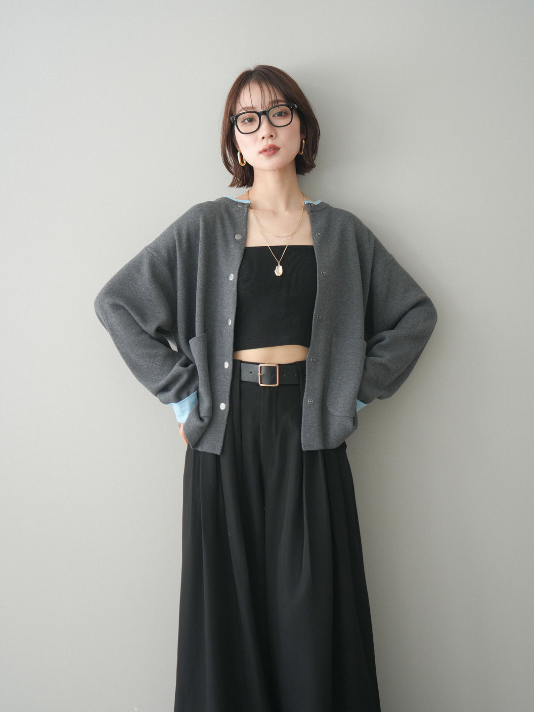 [SET]バイカラーオーバーニットカーディガン+タックベルトループワイドパンツ(2set)