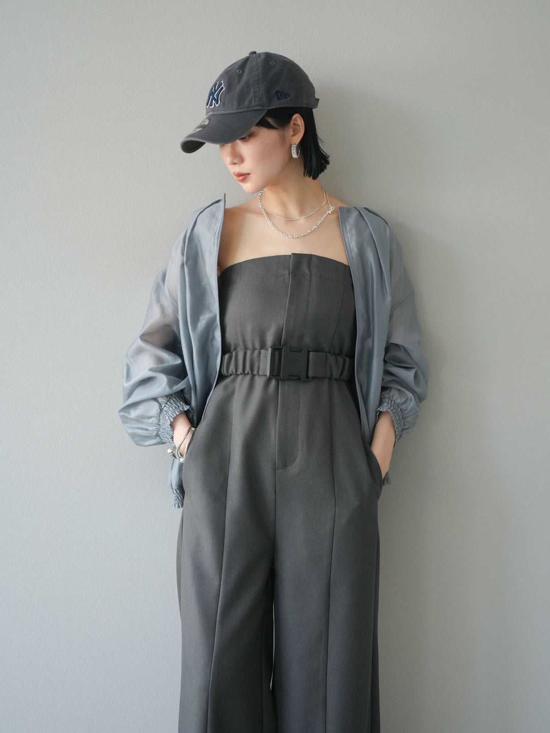 [SET]タックデザインシアーブルゾン+ヘザーツイルベルト付ベアサロペット(2set)