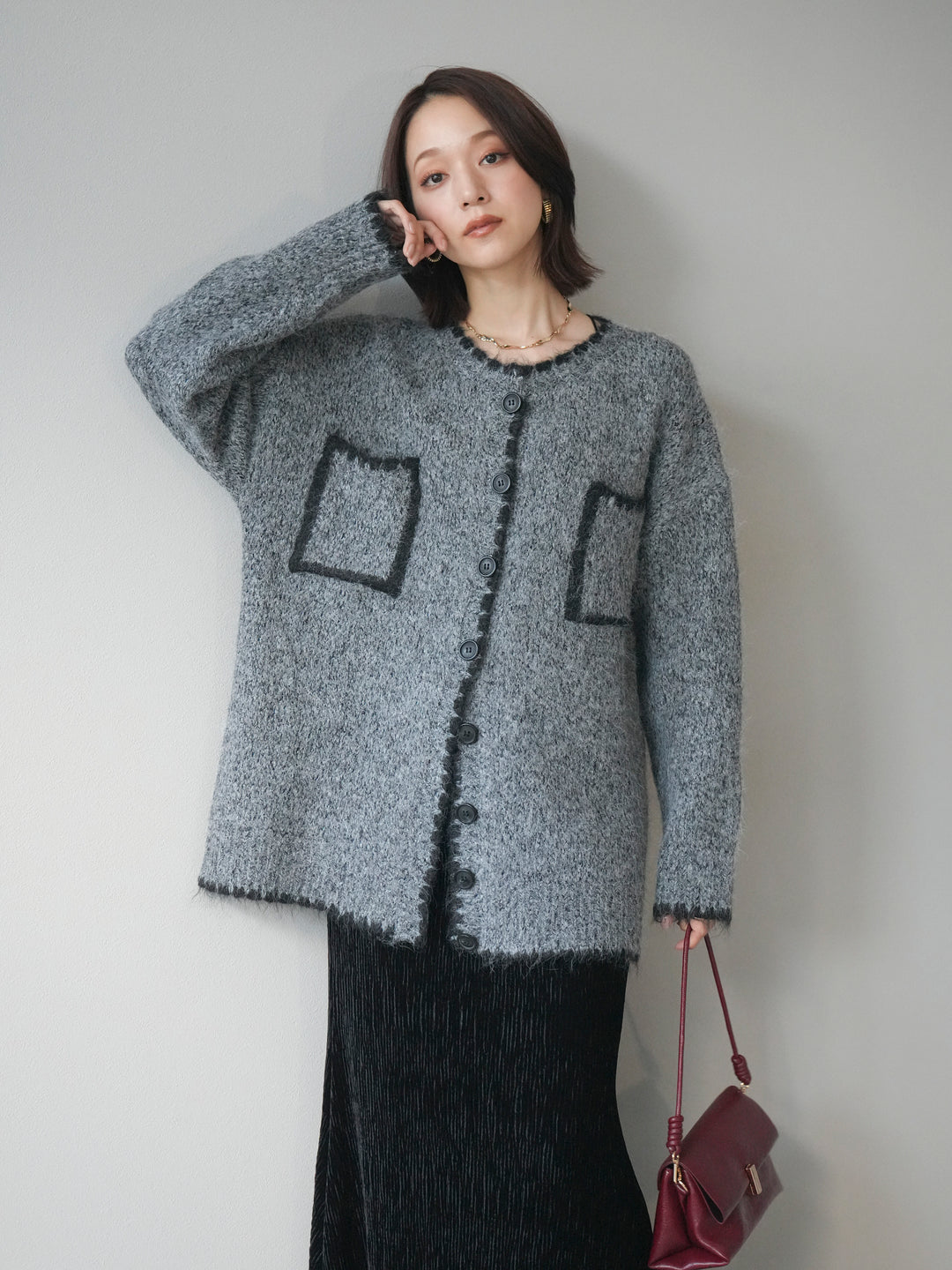 [予約]ハンドステッチニットカーディガン/darkgray