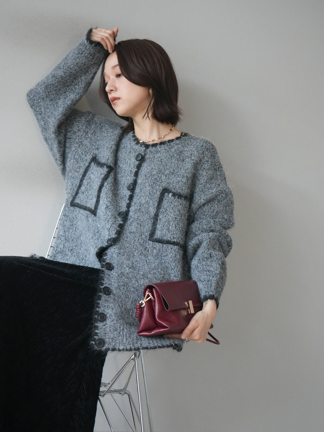 [予約]ハンドステッチニットカーディガン/darkgray