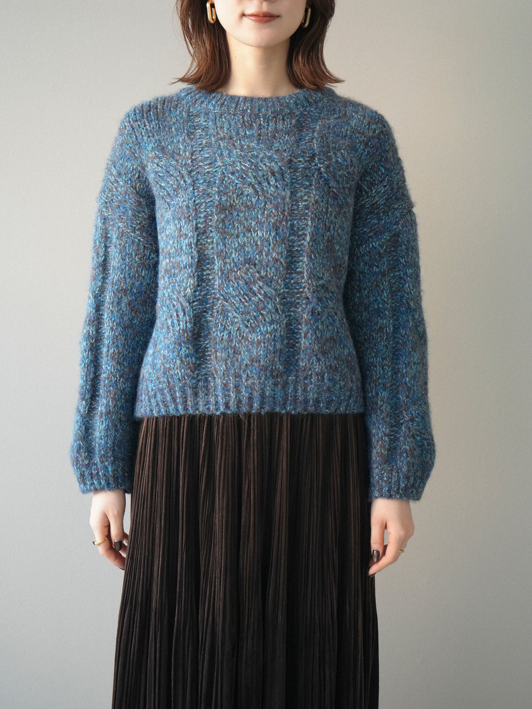 [予約]ワイドケーブルミックスニットプルオーバー/blue