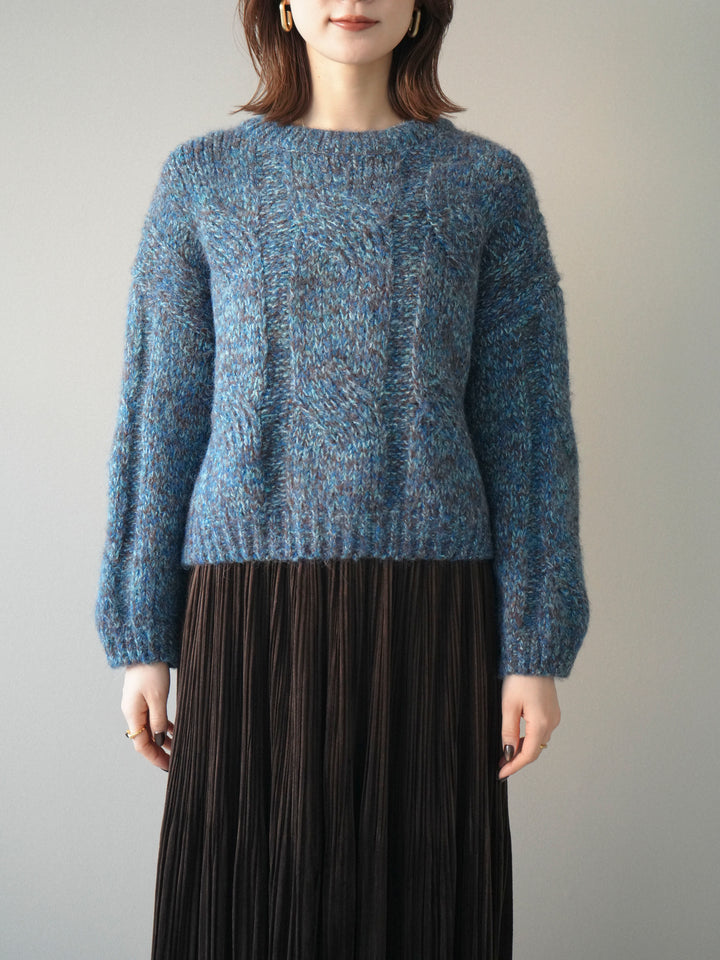 [予約]ワイドケーブルミックスニットプルオーバー/blue
