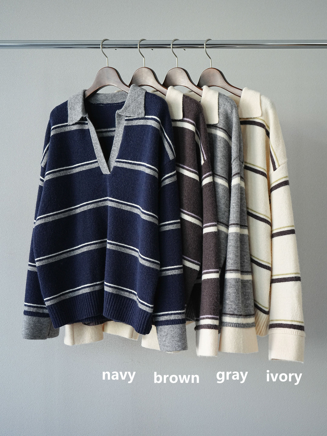 [SET]ポロ襟スキッパーボーダーニットプルオーバー+チュールボリュームスカート(2set)