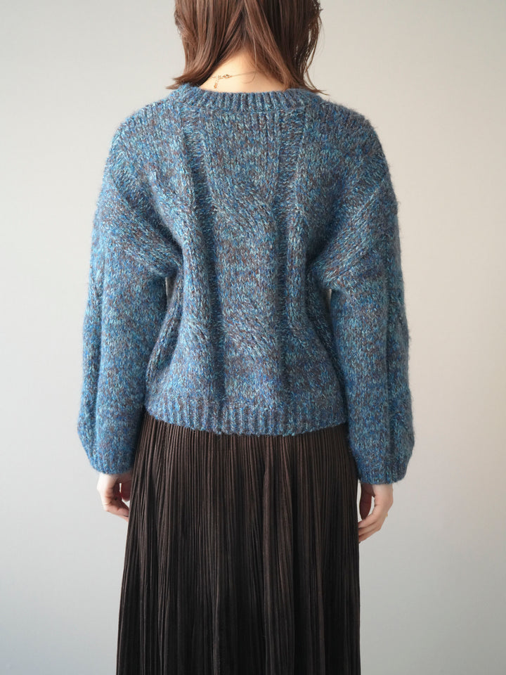 [予約]ワイドケーブルミックスニットプルオーバー/blue