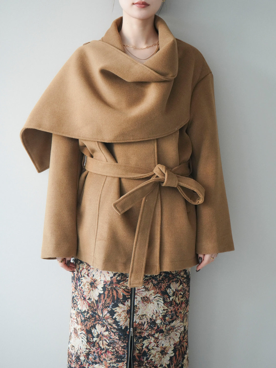 [予約]ストールデザインショートコート/camel