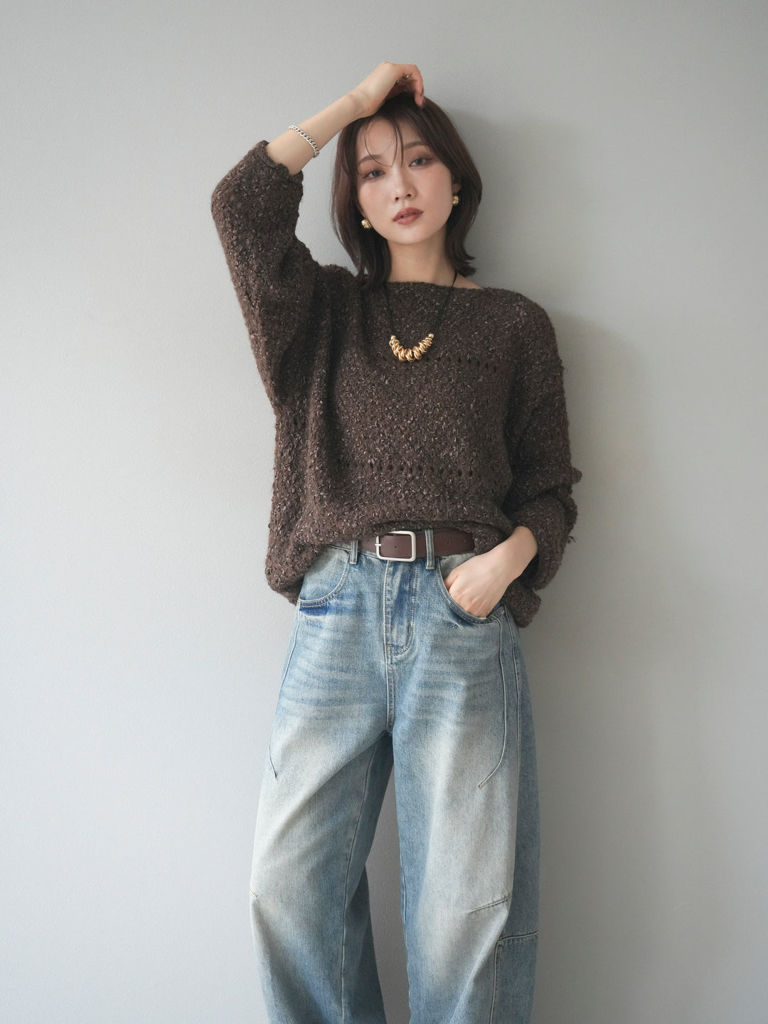 [予約]ラメ糸ループヤーンニットプルオーバー/brown