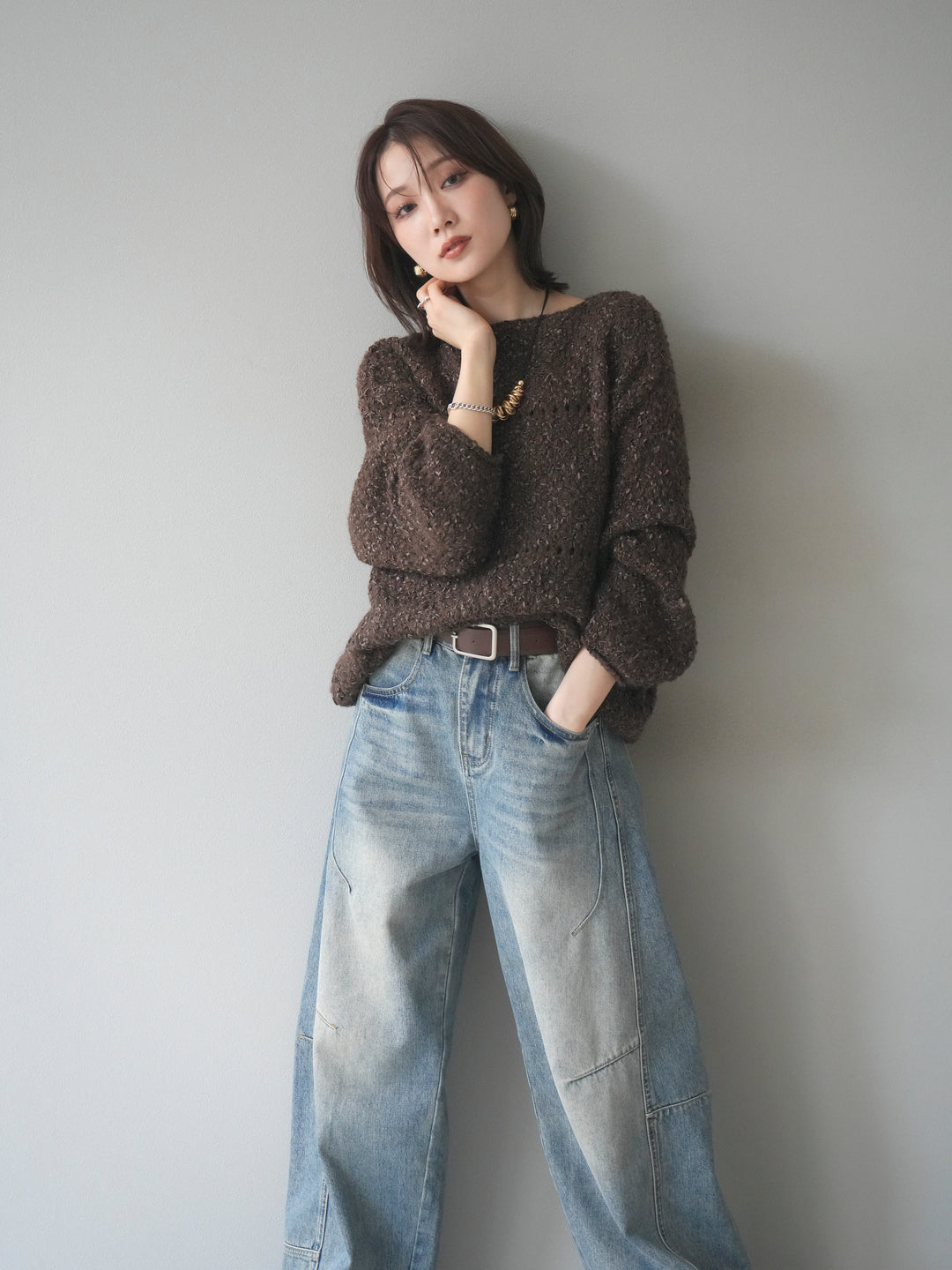 [予約]ラメ糸ループヤーンニットプルオーバー/brown