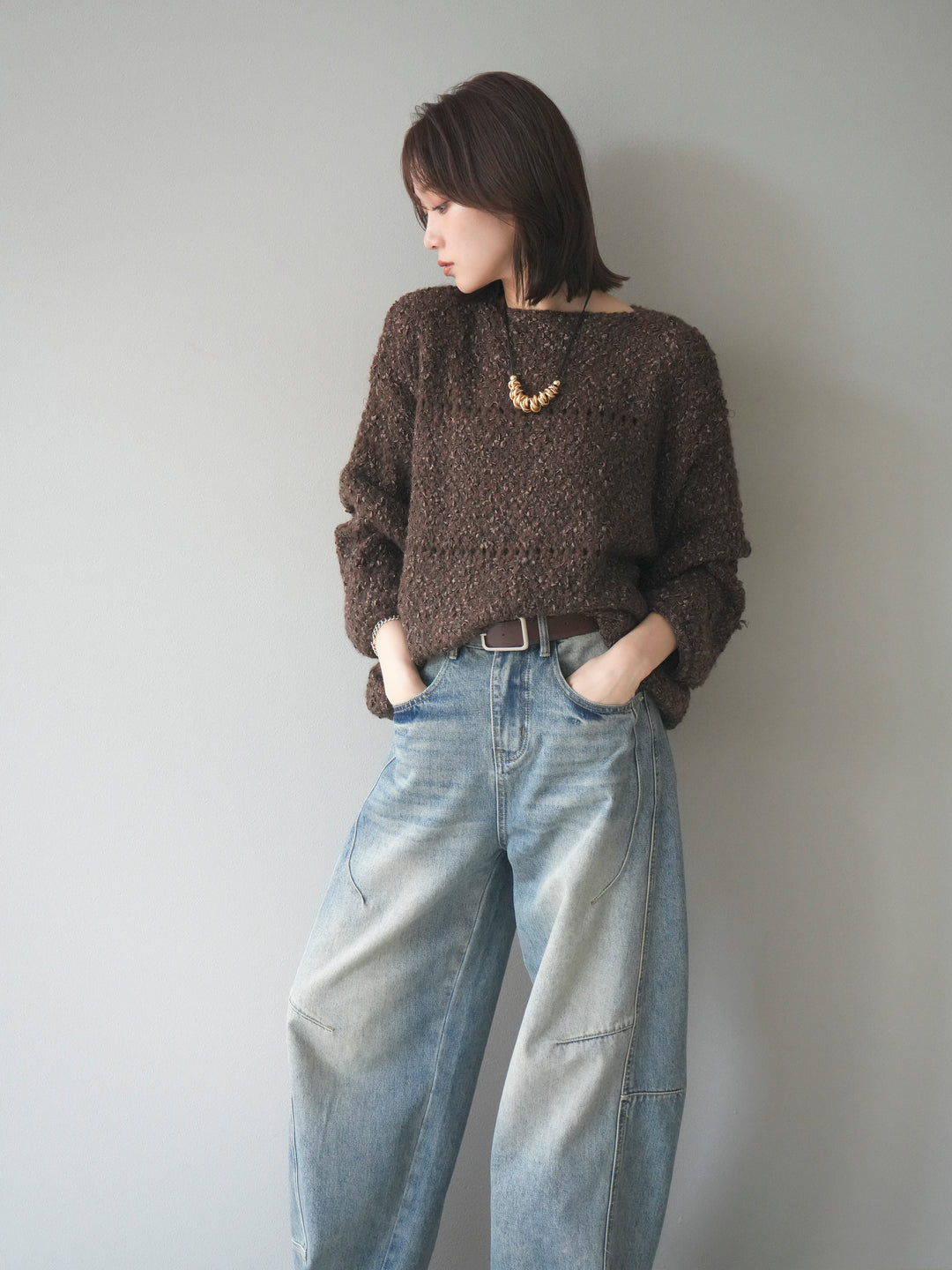 [予約]ラメ糸ループヤーンニットプルオーバー/brown