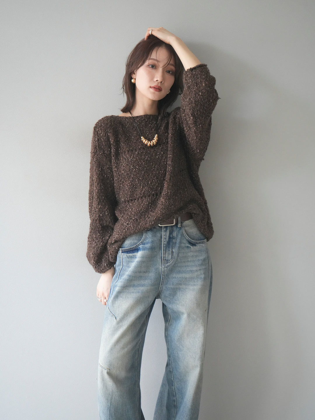 [予約]ラメ糸ループヤーンニットプルオーバー/brown