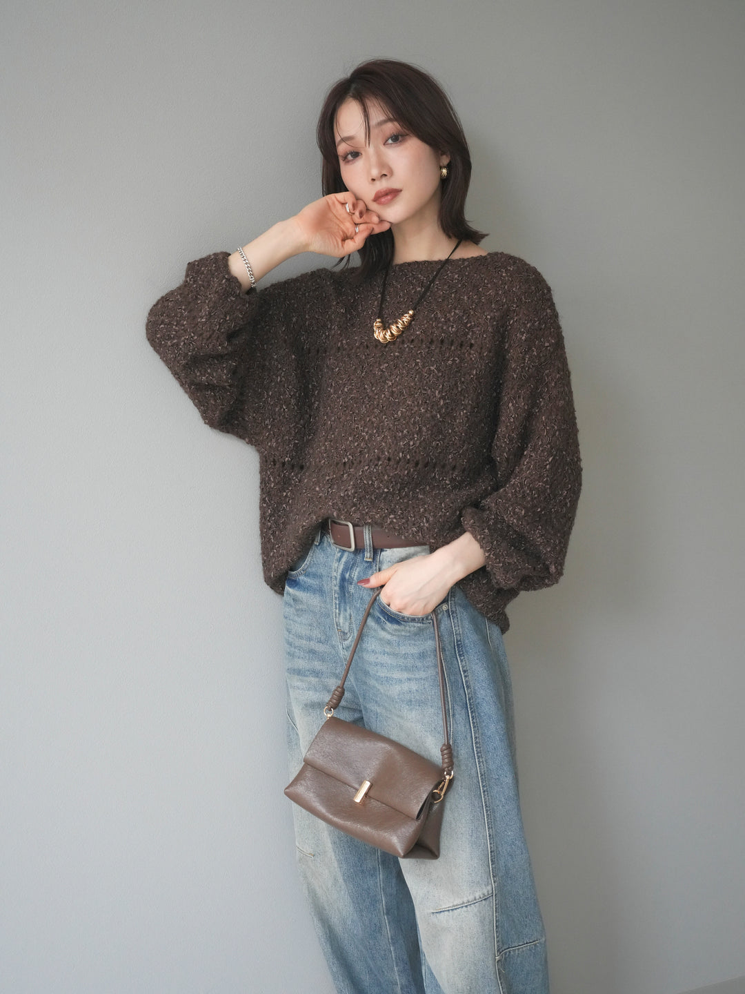 [予約]ラメ糸ループヤーンニットプルオーバー/brown