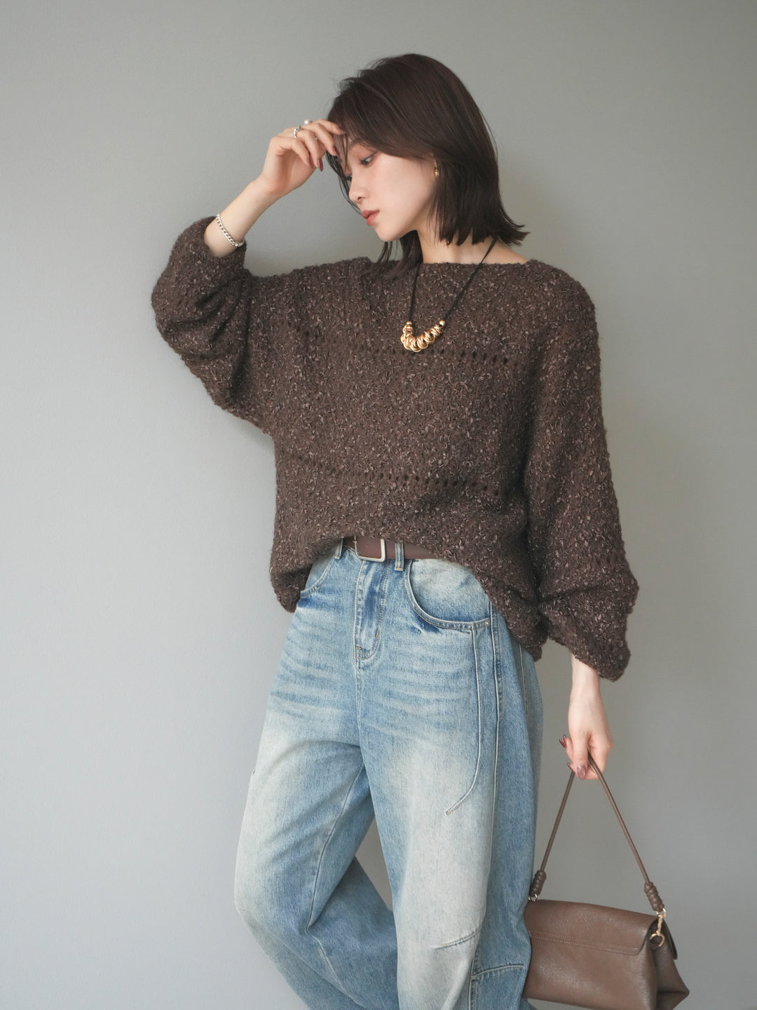 [予約]ラメ糸ループヤーンニットプルオーバー/brown