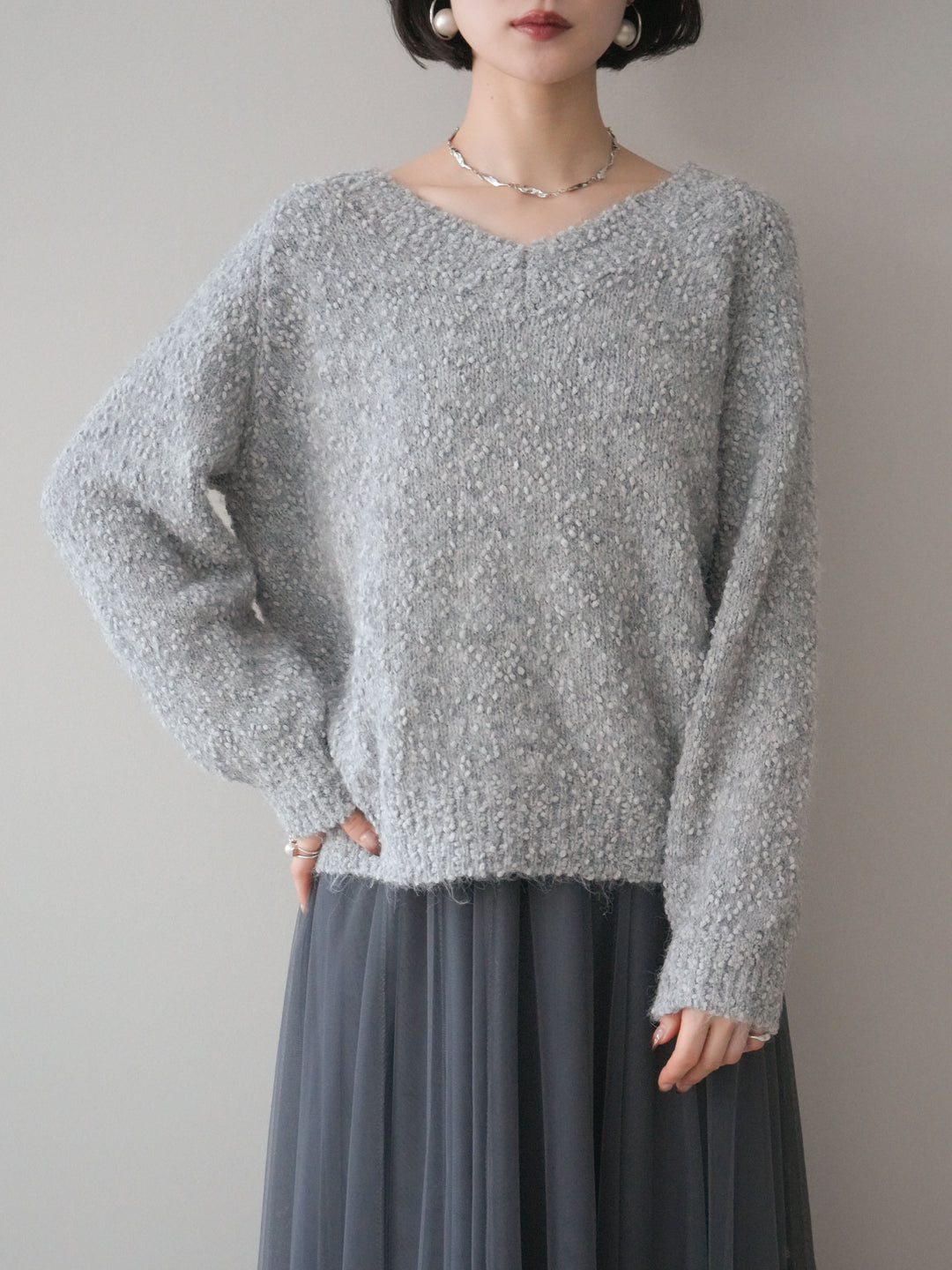 [SET]Vネックスラブニットプルオーバー+選べるアクセセット(2set)