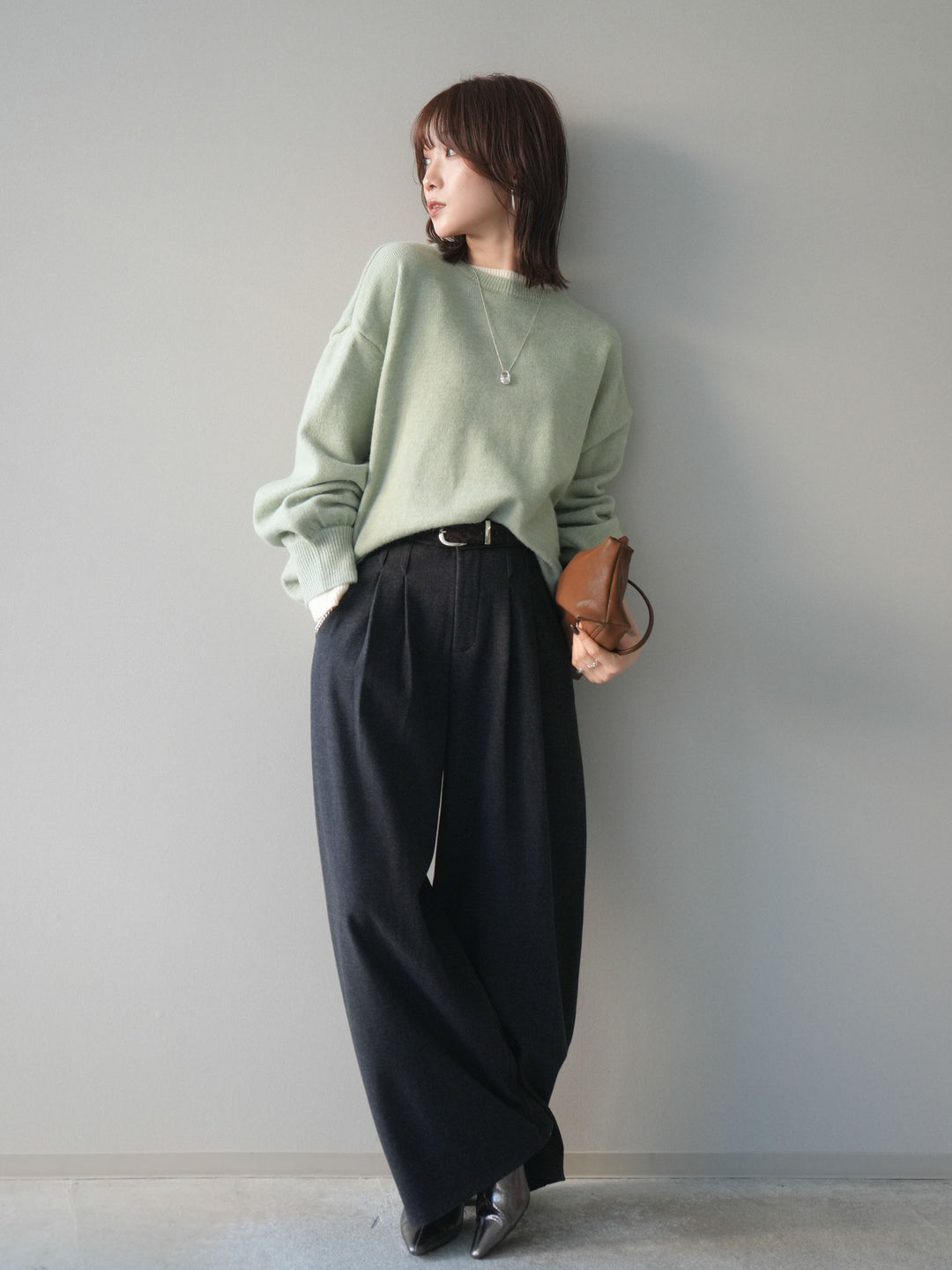 [SET]ヘンリーネック配色レイヤードニットプルオーバー+アニマル柄ベルト付きウールタッチワイドパンツ(2set)