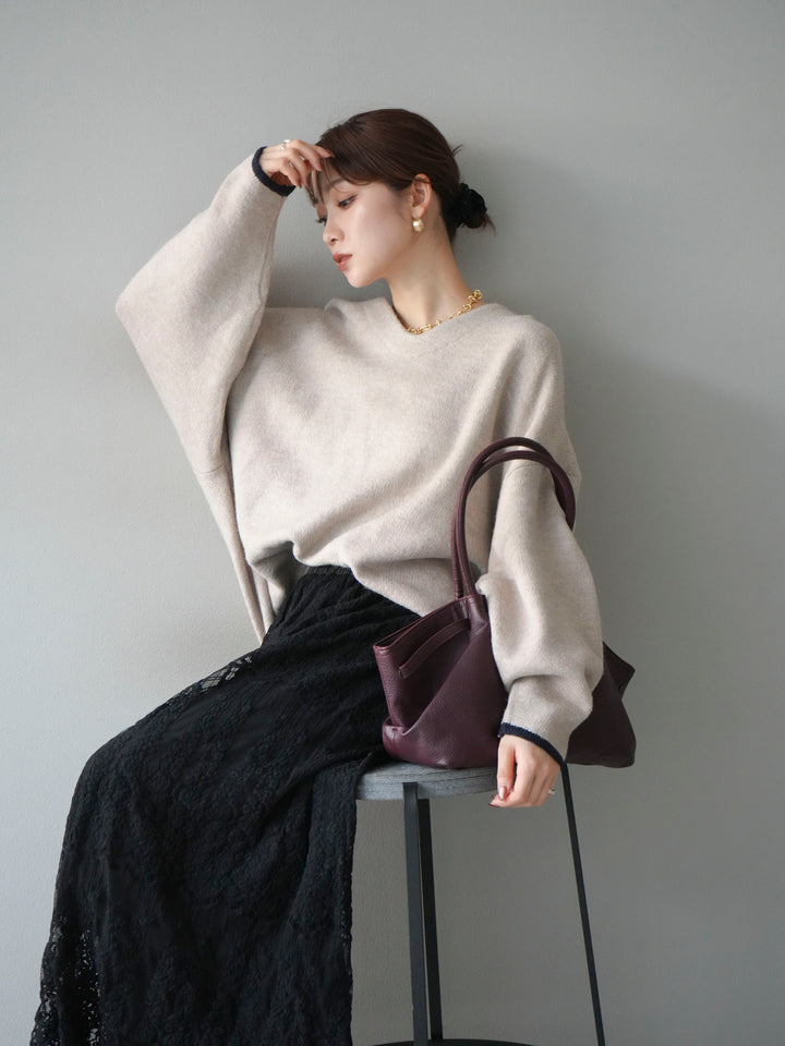 [SET]Vネック配色スリーブニットプルオーバー+選べるアクセセット(2set)