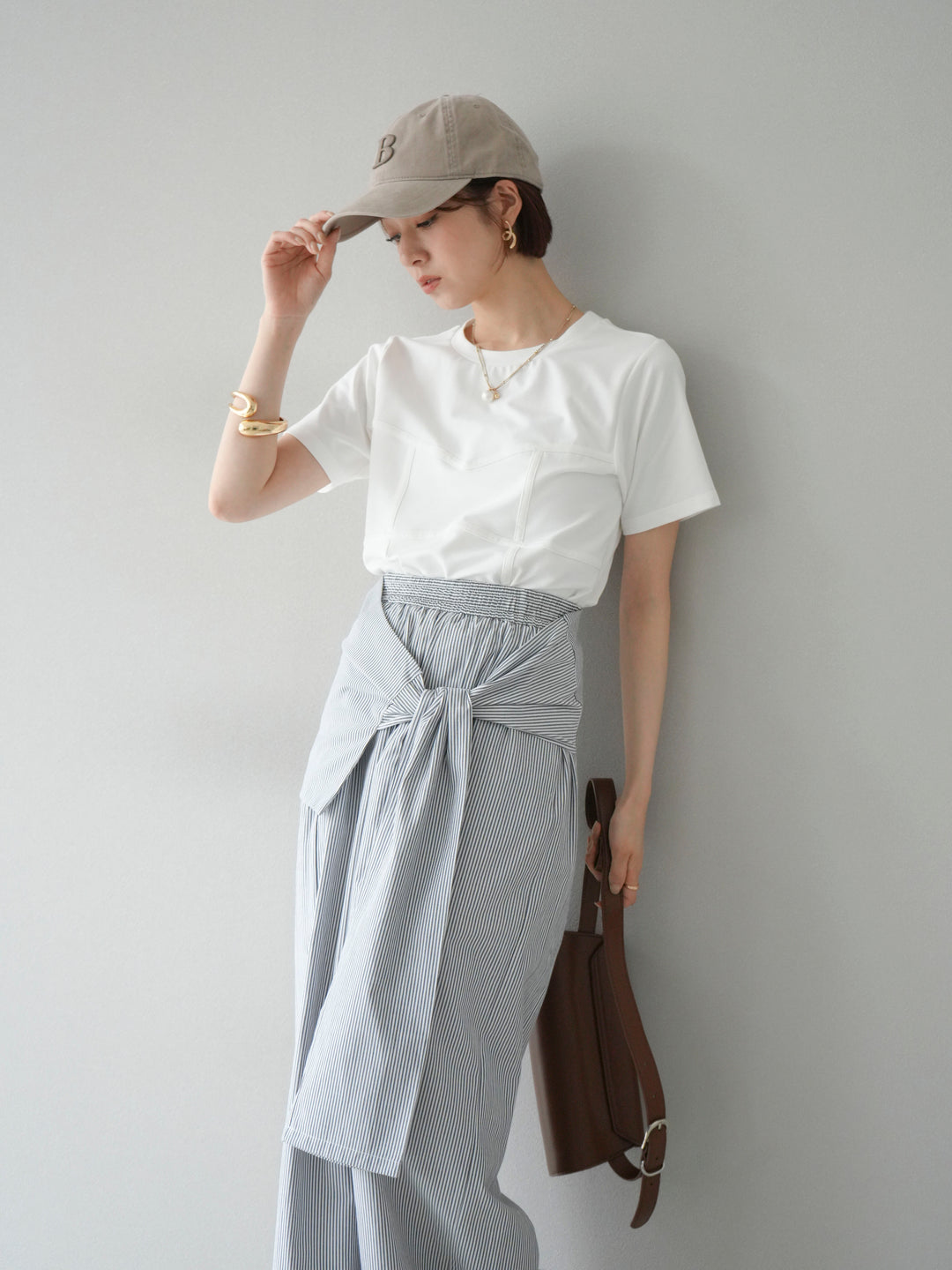 [SET]ビスチェデザインTシャツ+ウエスト巻きストライプイージーパンツ(2set)