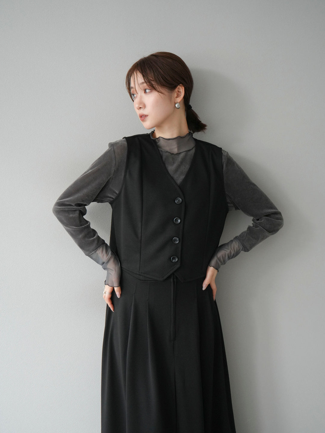 [予約]シアー切替ベロアトップス/チャコール