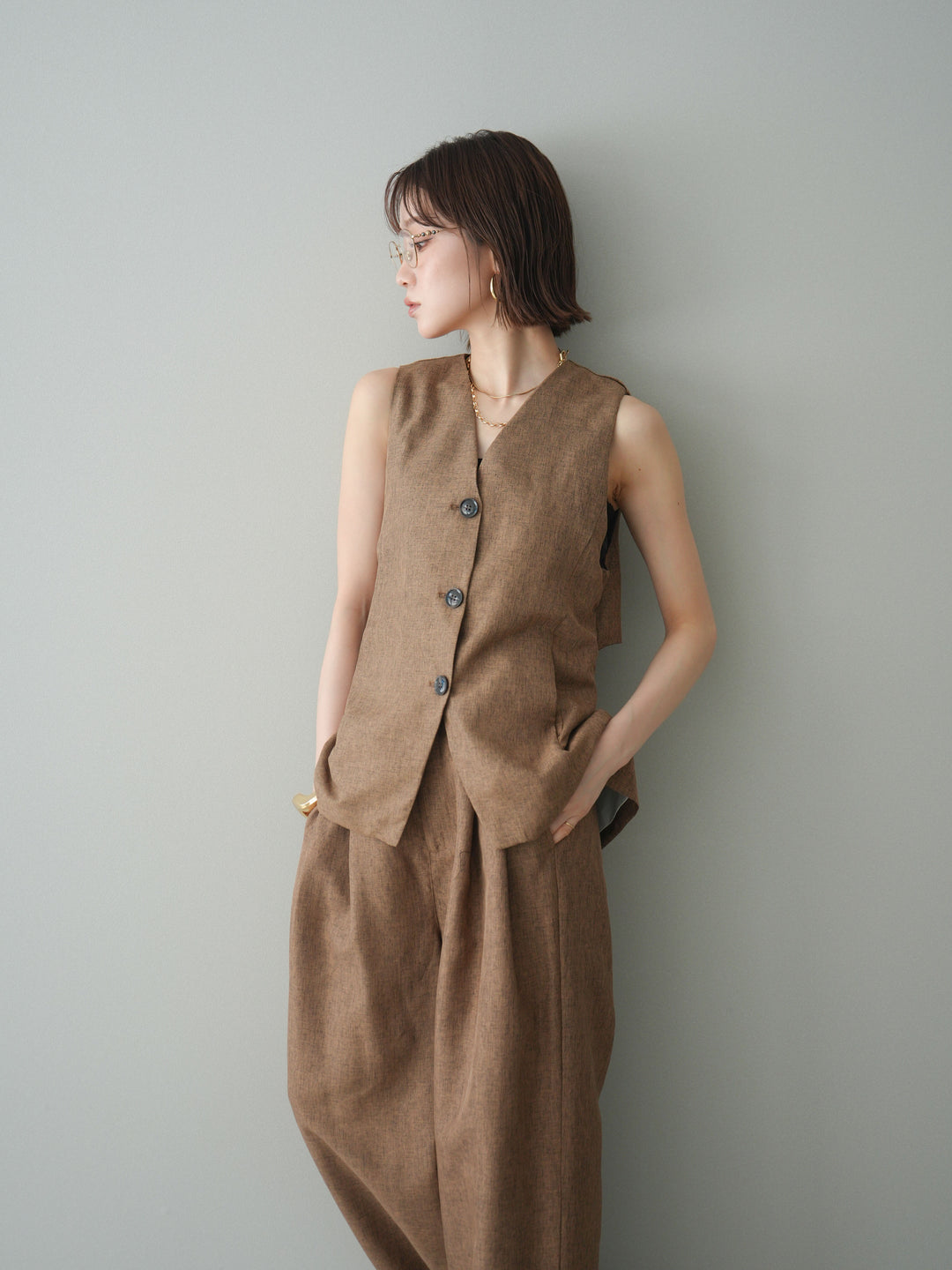 [SET]リネンライクバックオープンジレ+リネンライクタックワイドパンツ(2set)