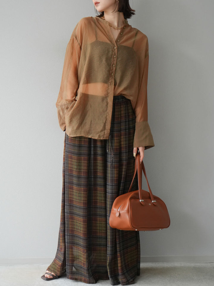 [預購] 透視格紋寬鬆褲/棕色