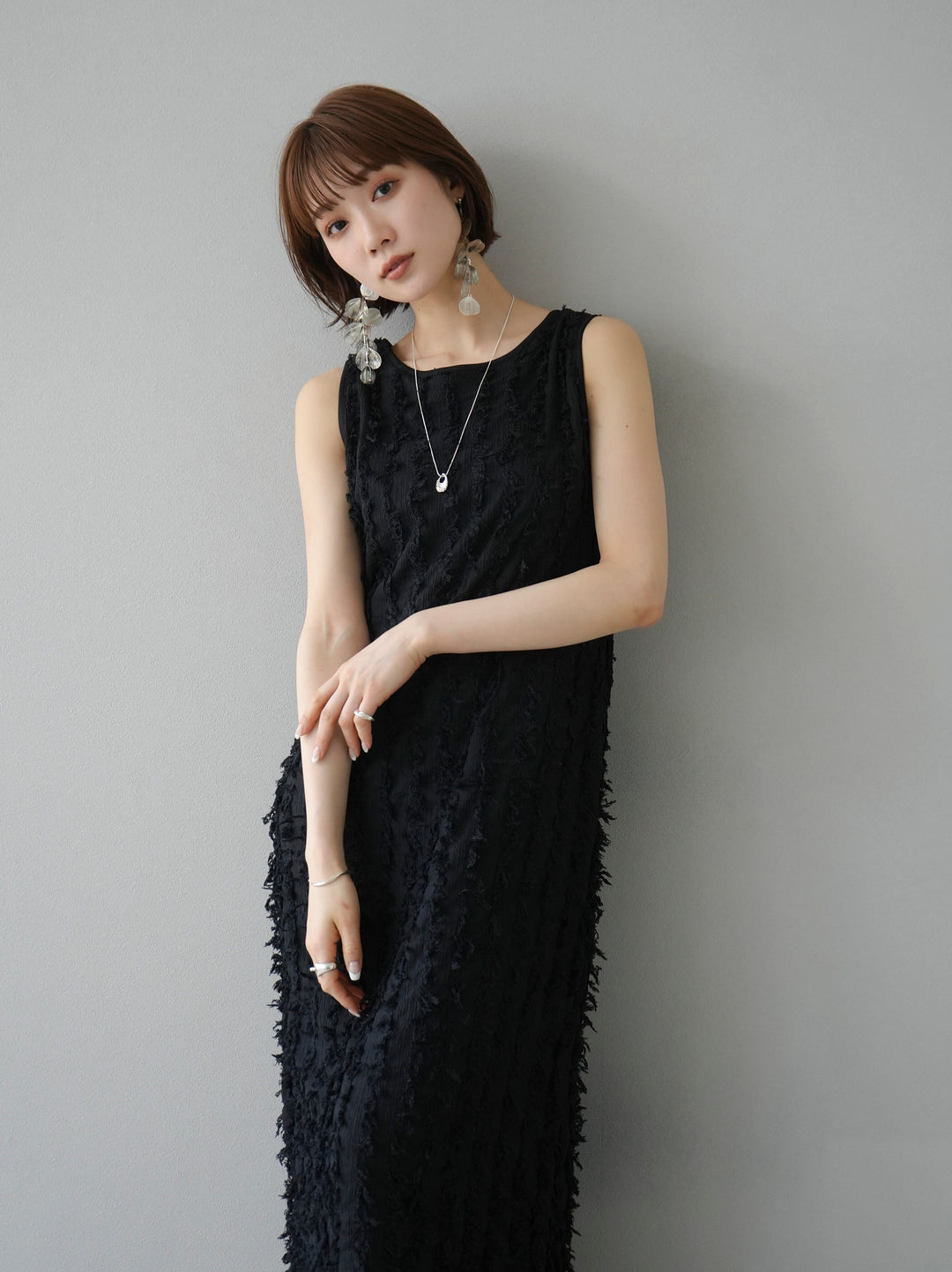 [Pre-order] Fringe Jacquard Stretch Sleeveless Dress/Black