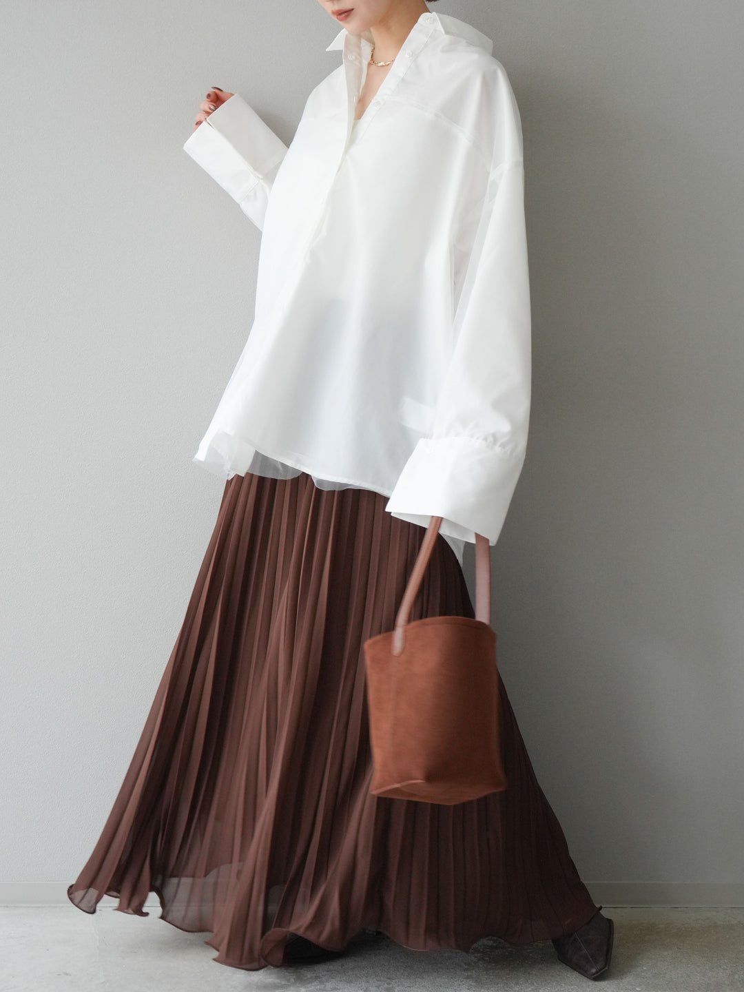 [予約]シフォンプリーツパイピングスカート/ブラウン