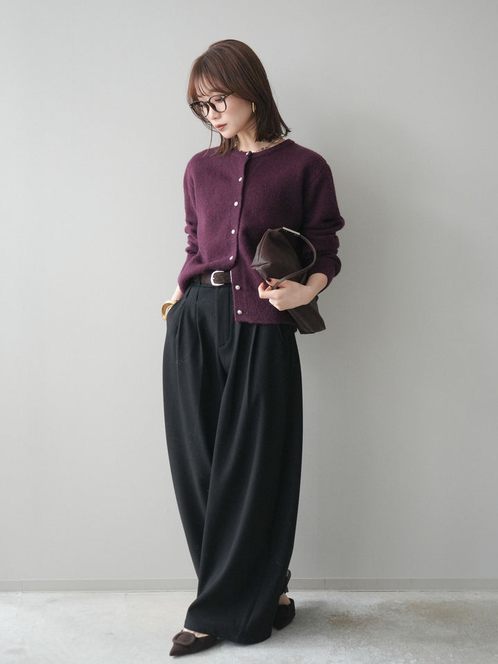 [予約]アニマル柄ベルト付きウールタッチワイドパンツ/black