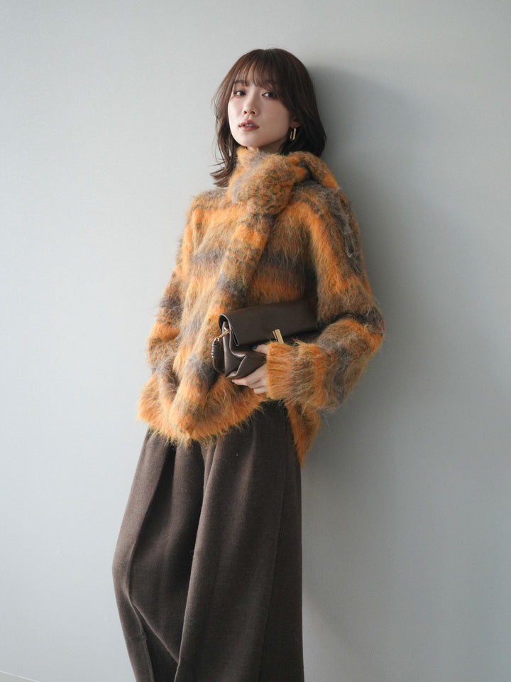 [予約]ストール付シャギーマルチボーダーニットプルオーバー/yellow