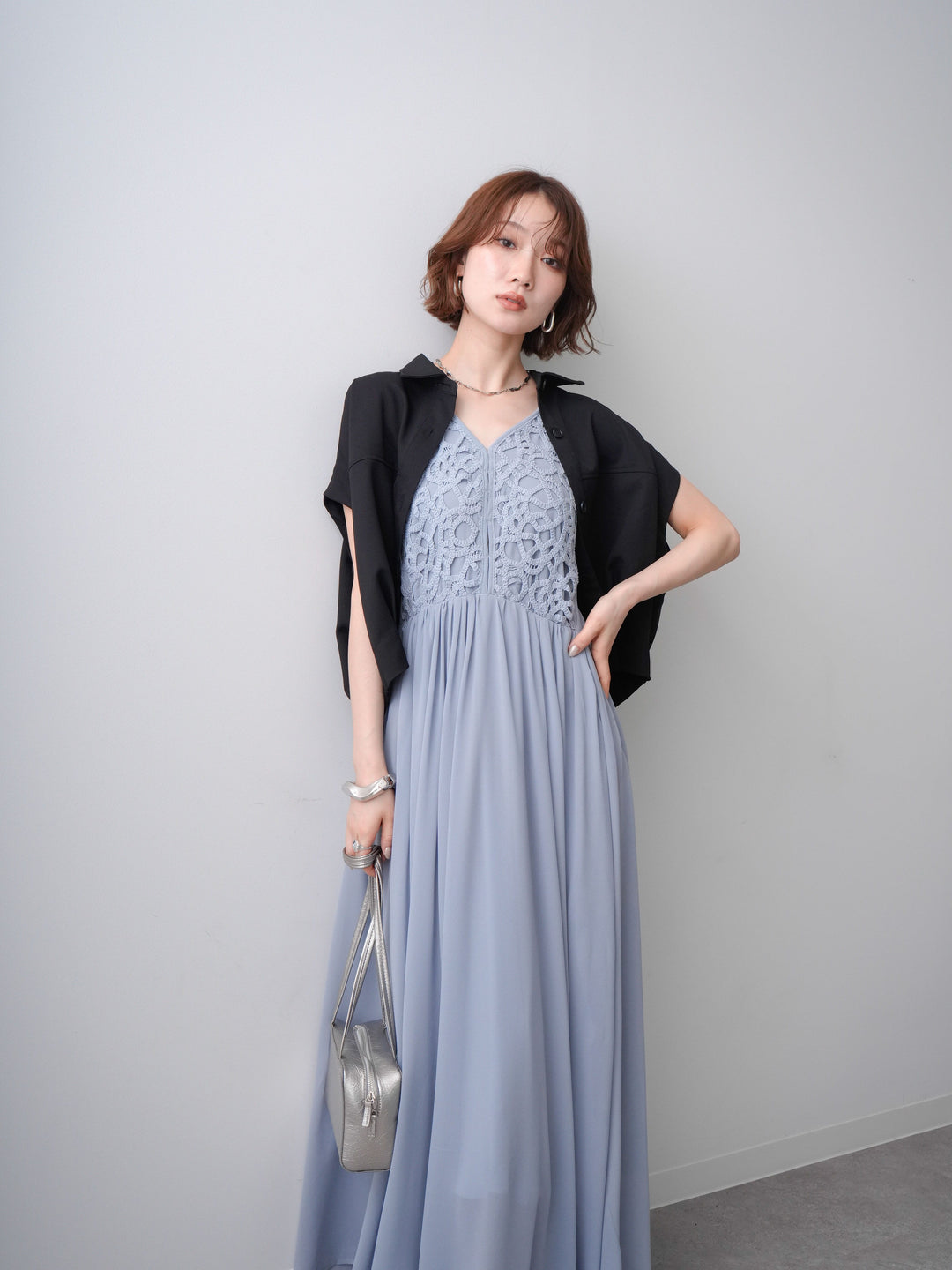 [SET]クロシェシフォンキャミワンピース+クレープデシンランタンノースリシャツ(2set)