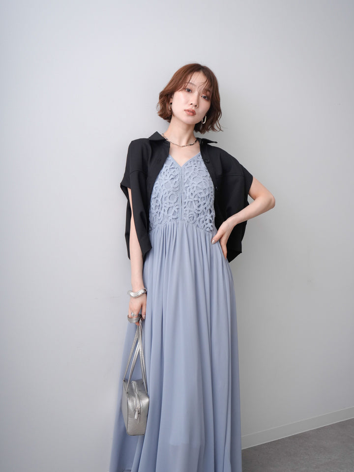[SET]クロシェシフォンキャミワンピース+クレープデシンランタンノースリシャツ(2set)
