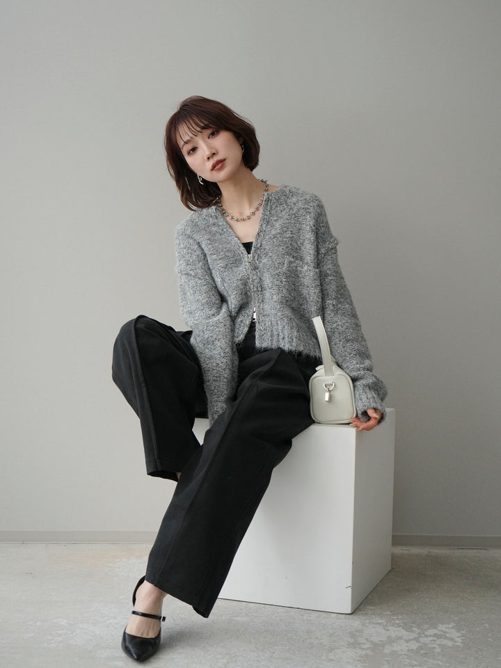 [SET]ミックスヤーンダブルZIPニットカーディガン+コットンツイルカーブパンツ(2set)